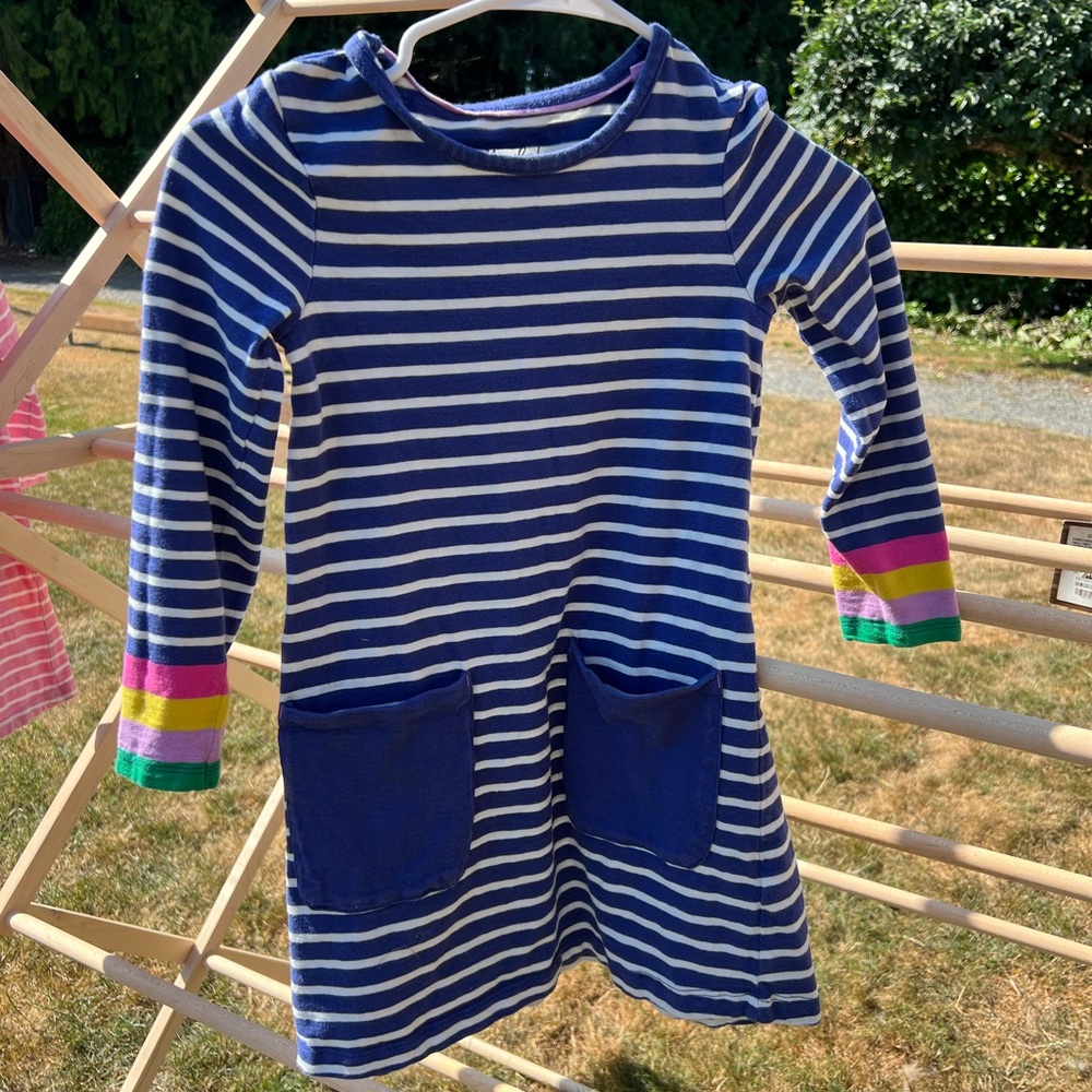 Mini Boden striped Blue dress with colorful sleeves size 7-8 gently used